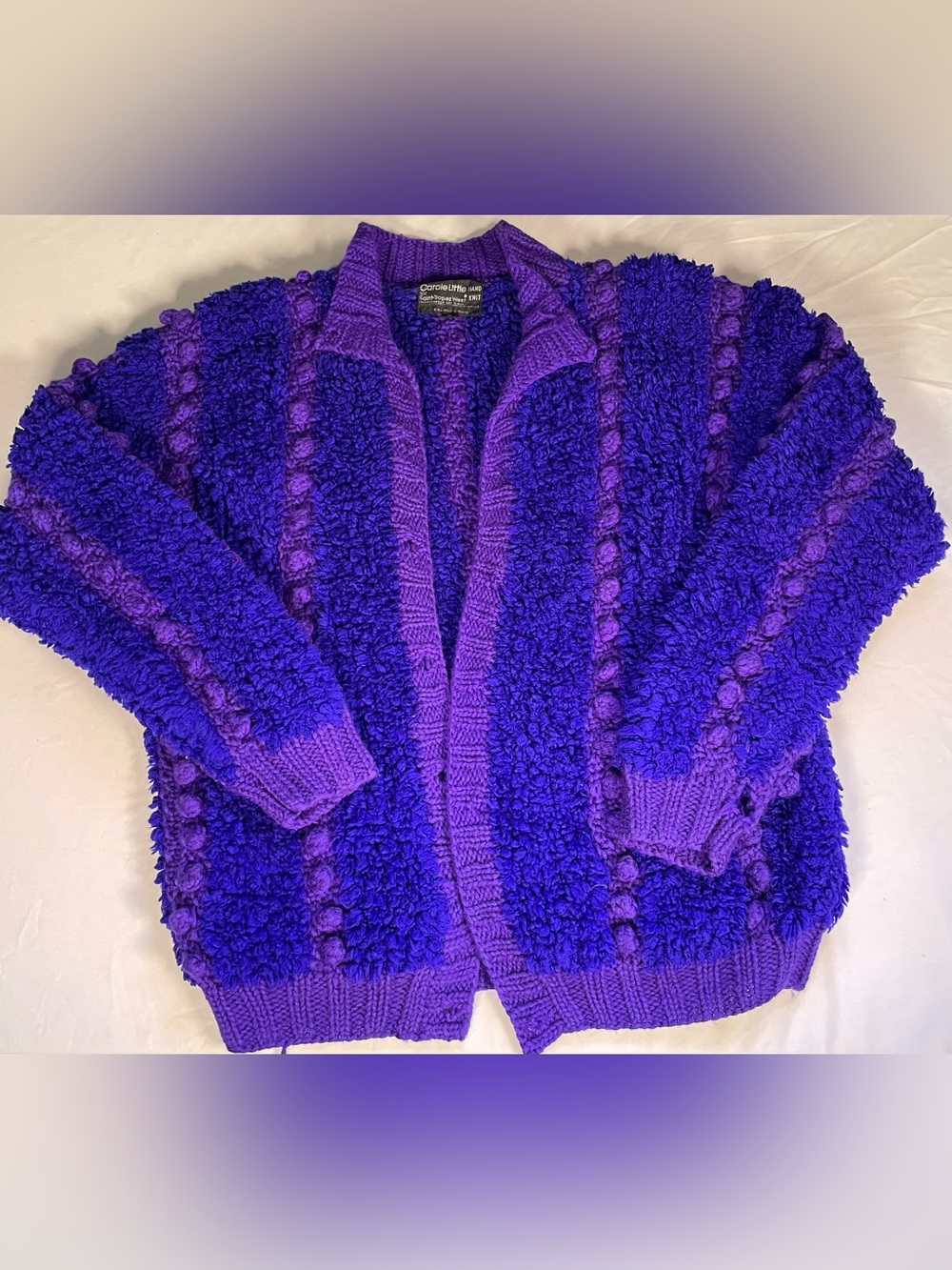 80s VTG Carole Little for Saint Tropez West Hand Knit Purple Popcorn Cardigan
